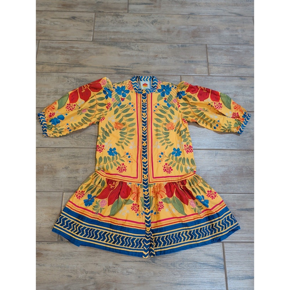 FARM Rio Vibrant Floral Graphic Drop Waist Shirt Dress Puff Sleeve Womens XS